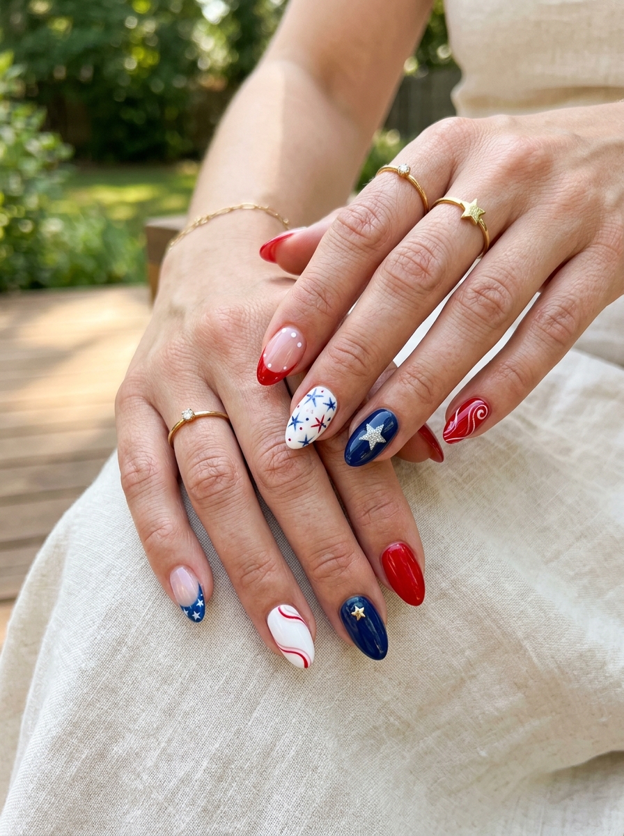 Elegant Independence Day Mix-and-Match Nails